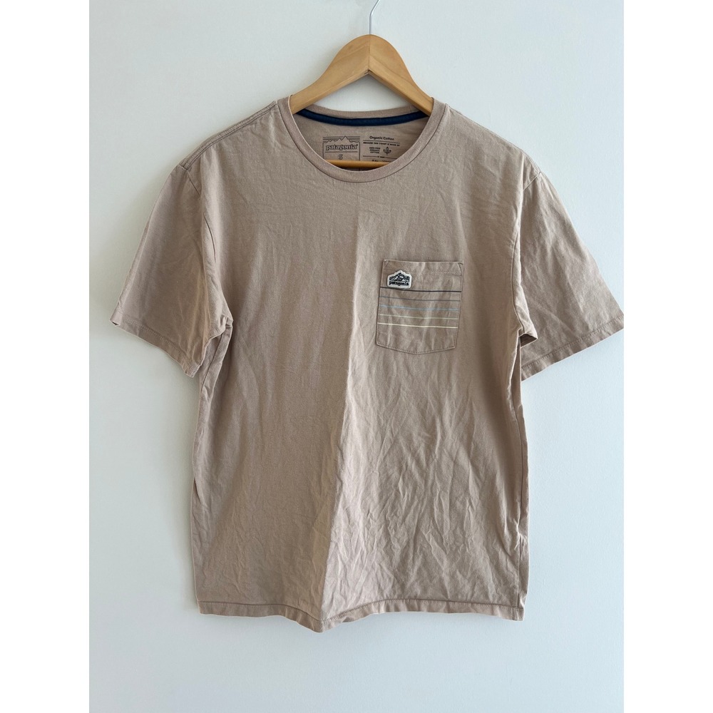 Patagonia Line Logo Ridge Stripe Pocket Tee Small Beige Gorpcore Organic